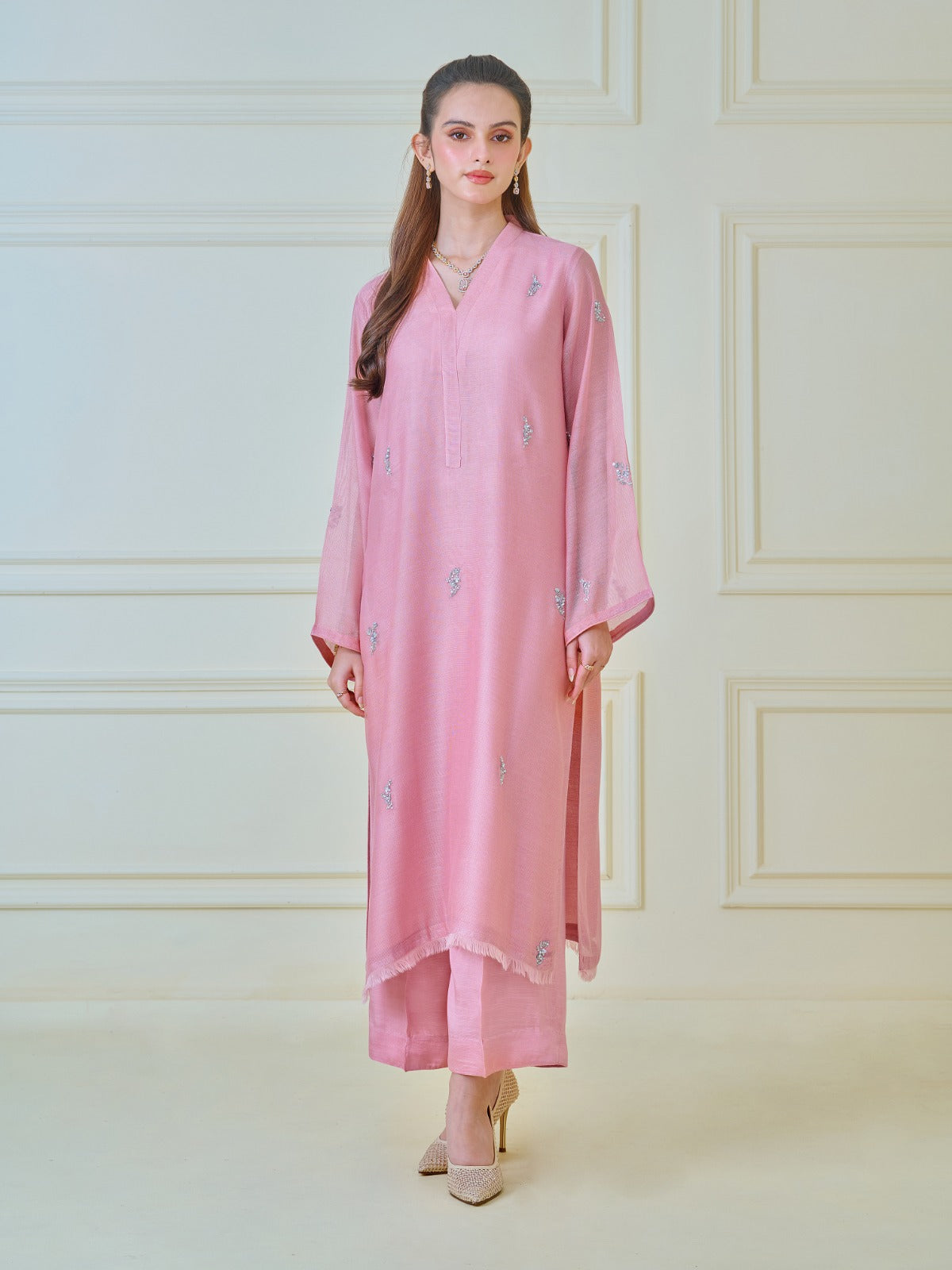 2 Piece - Pure Cotton Net Embroidered Suit S109987