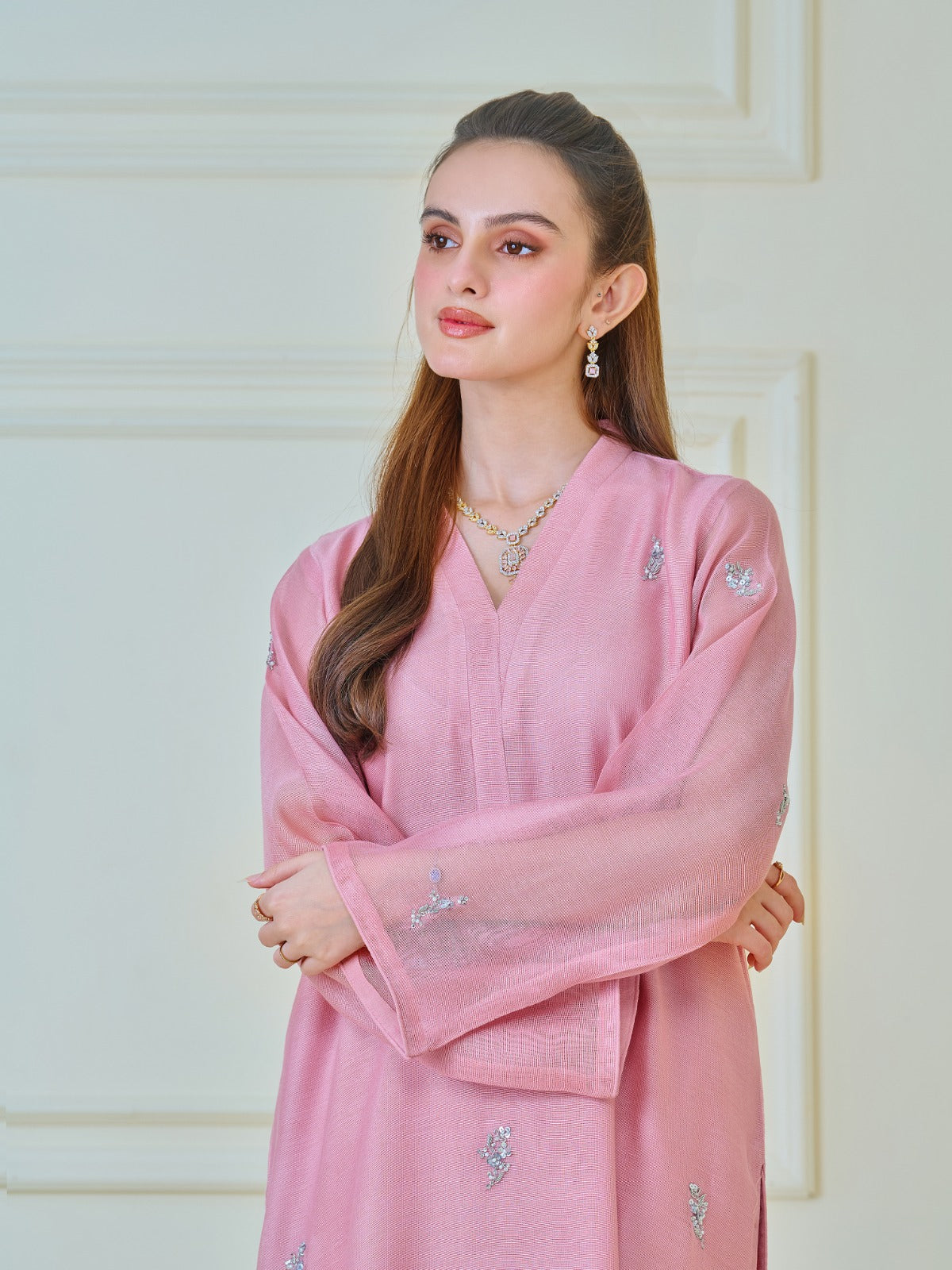 2 Piece - Pure Cotton Net Embroidered Suit S109987