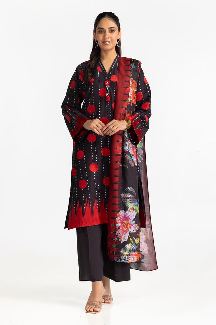 3 Piece Printed Embroidered Silver Suit With Printed Jacquard Dupatta