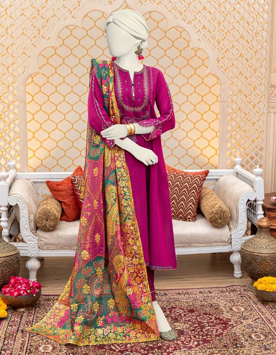 PURPLE POLY-COTTON 3PC STITCHED | JJPW-W-JW-23-1867