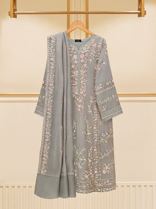 3 Piece - Pure Cotton Net Embroidered Suit S109299