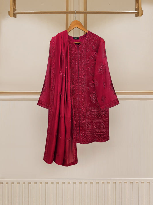 3 Piece - Pure Cotton Net Embroidered Suit S109626